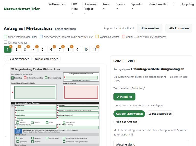 Mitmach-Bereich: sicher erkanntes Feld mit Knopf Passt so